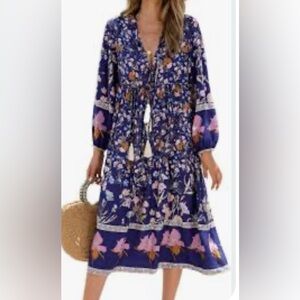 Boho Floral Tie-Front Long Puffy Sleeve Maxi Dress - Purple Blue Pink Size 12/14